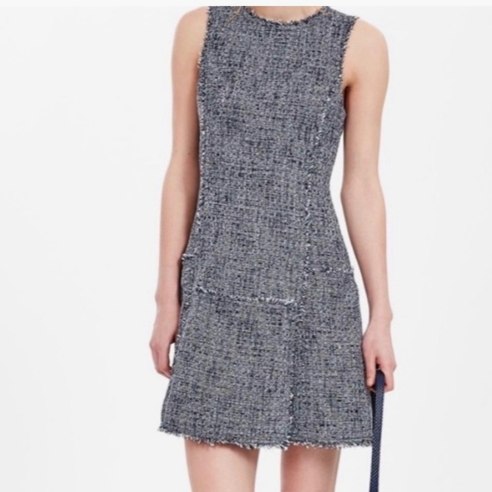 Banana Republic Sleeveless Tweed Frayed Seam Shift Dress Preppy Womens 14 Navy
